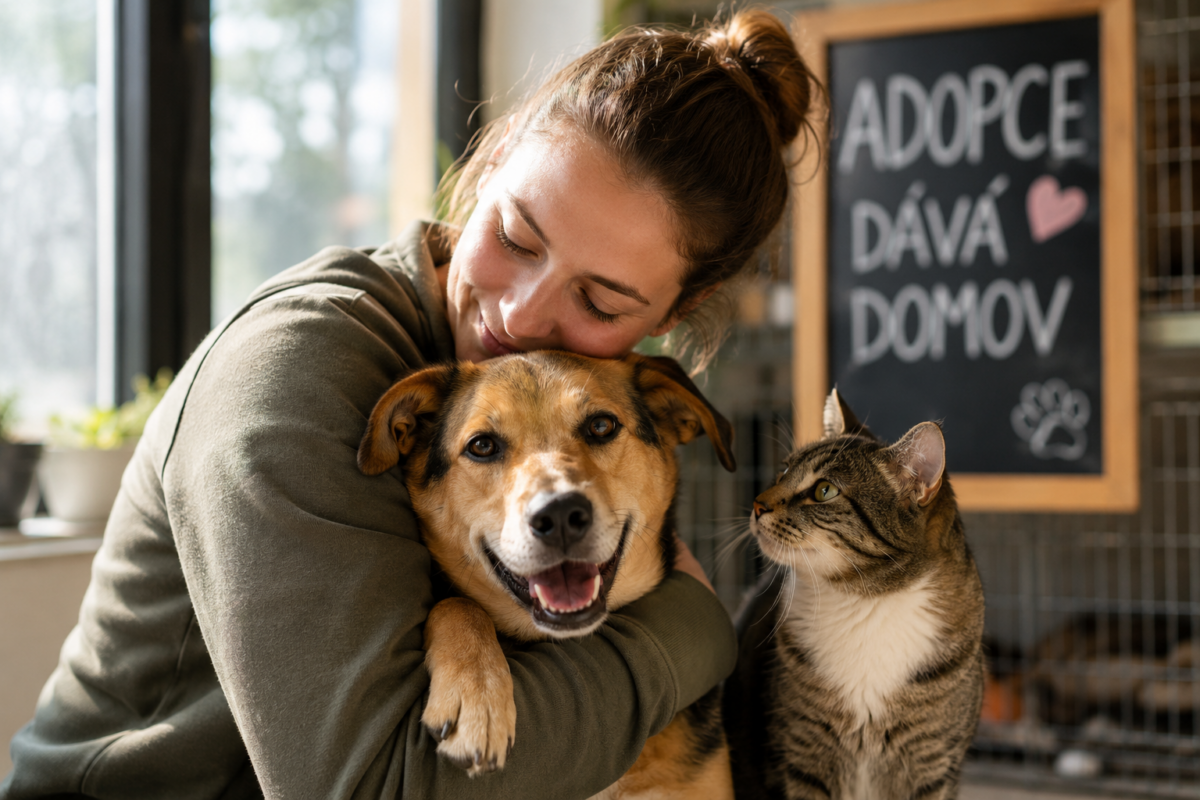 Žena v útulku objímá psa, vedle nich sedí kočka čekající na adopci